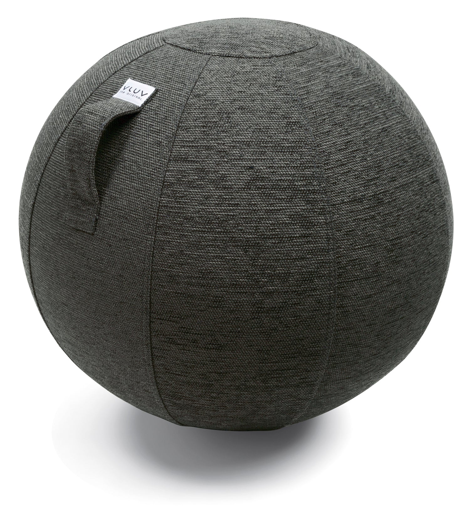 Anthraciten värinen istumapallo, kyljessä kahva ja VLUV teksti